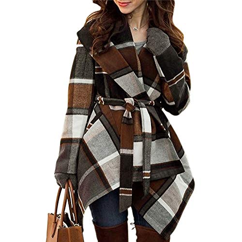 CHICWISH Women's Turn Down Shawl Collar Earth Tone Check/Black White Grid/Black/Plum Wool Blend Coat