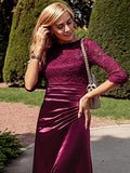 Women's Retro Floral Lace Vintage 3-Feb Sleeve Slim Ruched Wedding Maxi Dress