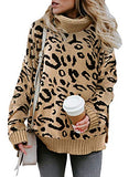 Aleumdr Womens Fashion Warm Turtleneck Long Sleeves Leopard Printed Chunky Loose Knit Jumper Pullover Sweater Khaki Black Small | Women's Sweaters