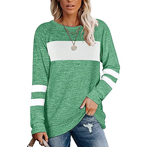 Womens Casual Tops Crewneck Stripe Color Block Tshirts Loose Fit Pullover