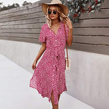 Womens Casual Floral Dress Button Down V Neck Tie Waist Midi Dress Summer Short Sleeve Bohemia Lightweight A Line Beach Sundress