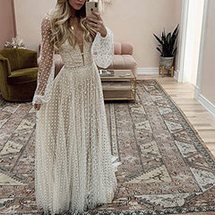 Womens Polka Dot Wedding Dresses Long Sleeve Lace Bridal Gowns Boho Sheer Mesh Evening Formal Gowns Cocktail Party Maxi Dress