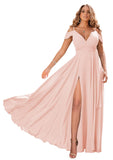 Blush Women's Off Shoulder Bridesmaid Dresses Long Chiffon Formal Dress with Slit - Clothfun