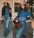 Blue Ladies Tops Dressy Casual Fall Cute Tops Mock Turtleneck Business White T Shirts - LIYOHON Womens Fall Fashion | Women's Tops and Blouses