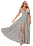 Silver Women's Off Shoulder Bridesmaid Dresses Long Chiffon Formal Dress with Slit - Clothfun | Women's Cocktail Dresses