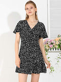 Women's Wrap V Neck Ruffled Flutter Sleeves Belted Printed Flowy Dress | Original Brand