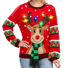 Womens LED Light Up Reindeer Ugly Christmas Sweater Built-in Light Bulbs