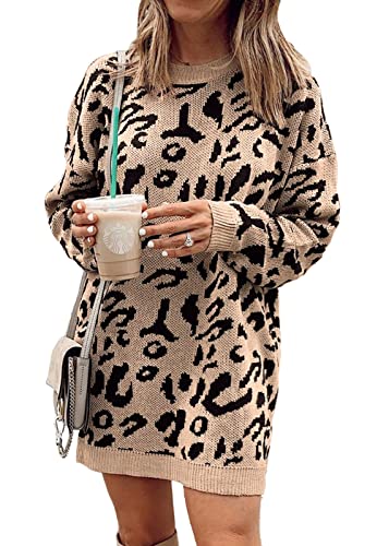 Women's Casual Leopard Print Long Sleeve Crew Neck Knitted Oversized Pullover Sweaters Tops