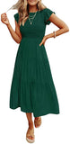 Dark Green Women's Summer Casual Flutter Short Sleeve Crew Neck Smocked Elastic Waist Tiered Midi Dress - ZESICA | Women's Casual Dresses