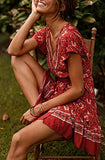 Women’s Summer Wrap V Neck Bohemian Floral Print Ruffle Swing A Line Beach Mini Dress