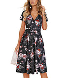 Black Red Floral Summer Short Sleeve V-Neck Floral Casual Ladies Dress with Pockets - OUGES | Women's Casual Dresses