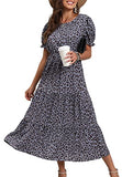 Grey Blue Summer Midi Dress Floral Print Boho Dress Ruffle Puff Sleeve High Waist A-Line Casual Boho Cocktail Holiday Beach Long Dress - GRECERELLE | Women's Casual Dresses