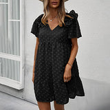 Womens Dresses Summer Chiffon Jacquard Short Sleeve V-Neck Ruffle Hem Loose Shift Dress - Mini Babydoll Dress | Original Brand