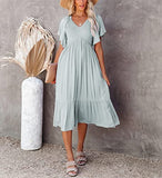 Womens V Neck Short Flutter Sleeve Solid Smocked Ruffle Midi Dress | Original Brand