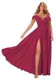 Fuchsia Women's Off Shoulder Bridesmaid Dresses Long Chiffon Formal Dress with Slit - Clothfun | Women's Cocktail Dresses