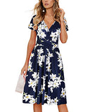 Navy White Summer Short Sleeve V-Neck Floral Casual Ladies Dress with Pockets - OUGES | Women's Casual Dresses