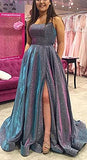 Glitter Satin Spaghetti Strap Prom Dress Split Long Formal Evening Party Gown with Pocket | Original Brand