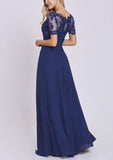 Navy Blue Women's Long Mother of The Bride Dresses with Sleeves Bateau Neck Beaded Chiffon Maxi Lace Formal Evening Gowns - Lover Kiss