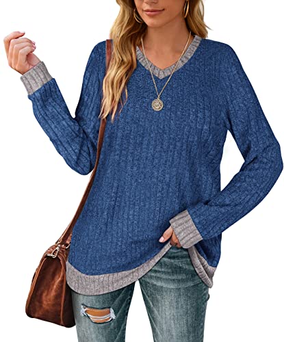 Sweaters for Women Lightweight V Neck Long Sleeve Tunics for Leggings Soft Color Block