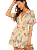 Women's Ditsy Floral Plunge Neck Knot Front A Line Short Dress