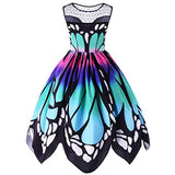 Womens Butterfly Printing Sleeveless Party Dress Vintage Rockabilly Lace Dress Pleated Skirt Cosplay Costume Plus Size(S-5XL)