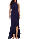 Navy Blue Women's High Neck Split Bodycon Mermaid Evening Cocktail Long Dress - WOOSEA | Women's Formal Dresses