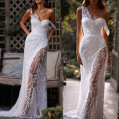 Women Sleeveless Embroidery Wedding Dresses V Neck Sheer Mesh Bridal Gowns Sexy Lace Formal Bridal Dresses Maxi Dress