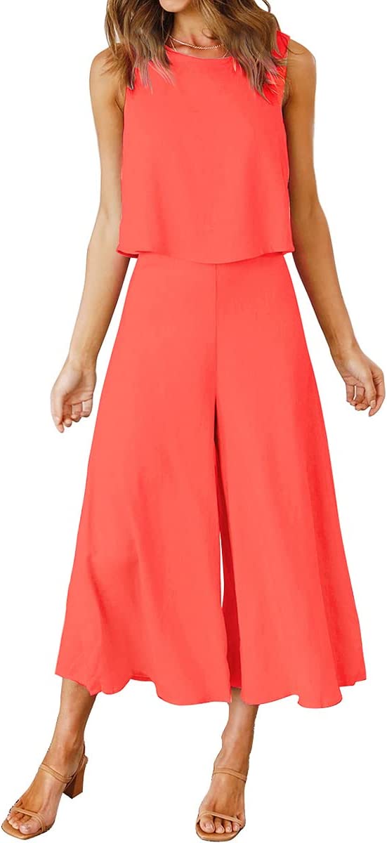 Bright Orange Women's Summer 2 Piece Outfits Round Neck Crop Basic Top Cropped Wide Leg Pants Set Jumpsuits - ROYLAMP | Women's Romper & Jumper Suit