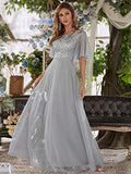 Women's Elegant Sequin Embroidery Short Ruffle Sleeve Tulle Bridesmaid Dress  - Sara Clothes