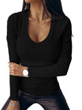 Black Women Casual Deep V Neck Shirts Long Sleeve Ribbed Slim Solid Tunics Basic Tee Shirts Tops - Soulomelody | Women's Tops and Blouses