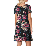 Women Summer Boho Floral Print O-Neck Short Sleeve T Shirt Dress with Pockets | Women's Work Dresses