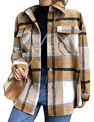 Tanming Womens Brushed Flannel Plaid Lapel Button Short Pocketed Shacket Shirts Coats