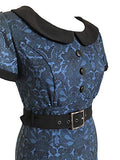 Blue Vintage Retro Rockabilly Flock Fitted Pinup Hourglass Pencil Dress | Women's Work Dresses