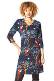 Womens Fox Animal Print Shift Dress - Ladies Autumn Winter Stretchy Comfy 3/4 Length Long Sleeve Work Dress Office Everyday Tea Casual | Women's Casual Dresses