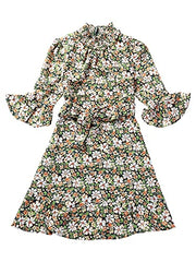 Allegra K Women's Floral Smocked High Neck 3/4 Bell Sleeve Belted Flare Ruffle Dress | Women's Casual Dresses