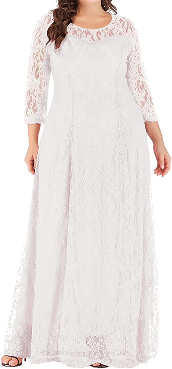 White Women Plus Size Floral Lace Sleeve Party Wedding Cocktail Swing Midi Dress with Pockets - Lrady | Women's Cocktail Dresses