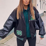 Women's Long Sleeve BaseballJackets Letter Print Color Block Zip Up Oversized Retro Hip-hop Uniform Outerwear | Women's Coat & Jacket