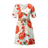 Summer Dresses for Women, Ladies's Fashion Sexy Slim V-Neck High Waist Short Sleeve Printed Dress with Belt Party UK Size | Women's Work Dresses