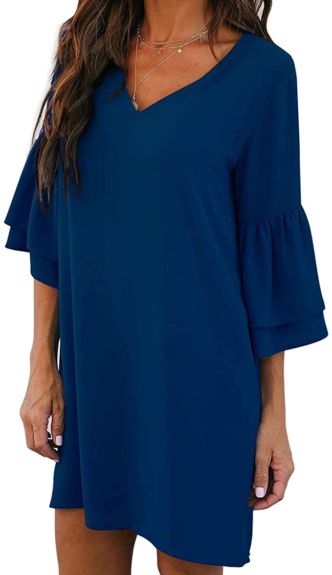 Navy Women's Dress Sweet & Cute V-Neck Bell Sleeve Shift Dress Mini Dress - BELONGSCI | Women's Casual Dresses