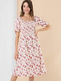 Women's Square Neck Puff Sleeves Casual Midi Smocked Floral Dress | Original Brand