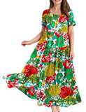 Multi Dresses Casual Plus Size Bohemian Short Sleeve Floral Long Maxi Summer Beach Swing Dress/Pockets - YESNO | Women's Casual Dresses