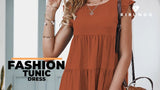 Womens Summer Dress Sleeveless Ruffle Sleeve Round Neck Mini Dress Solid Color Loose Fit Short Flowy Pleated Dress