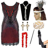 1920s Flapper Gatsby Sequin Scalloped Cocktail Dress w/ 20s Accessories Set