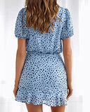 Green Women Short Sleeve Round Neck Print Mini Dress Ruched Casual Summer Short Dress - Meikulo | Women's Casual Dresses