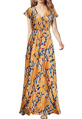 Yellow Floral Women Cap Sleeve Loose Plain Pockets Maxi Casual Formal Long Dresses - REPHYLLIS | Women's Formal Dresses