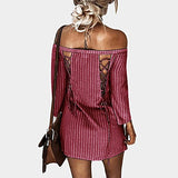 Women Casual Dresses New Long Sleeve Off Shoulder Striped Print Dress Spring Autumn Daily Outdoor Dress | Original Brand | Women's Work Dresses