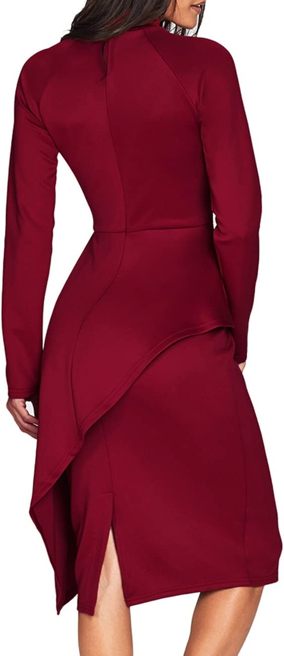 Blue Womens Tie Neck Peplum Waist Long Sleeve Bodycon Business Dress - CILKOO | Women's Cocktail Dresses