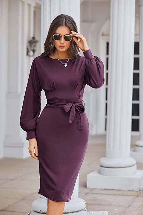 Dark Blue Black Long Sleeve Women's Bodycon Pencil Dress Office Wear to Work Dresses with Pocket Belt - JASAMBAC | Women's Work Dresses