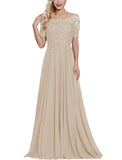 Champagne Women's Long Mother of The Bride Dresses with Sleeves Bateau Neck Beaded Chiffon Maxi Lace Formal Evening Gowns - Lover Kiss | Women's Formal Dresses
