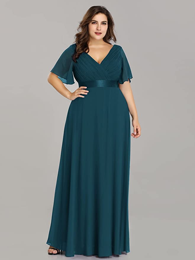 Teal Women's Plus Size Double V-Neck Evening Party Maxi Dress - Ever-Pretty | Women's Formal Dresses